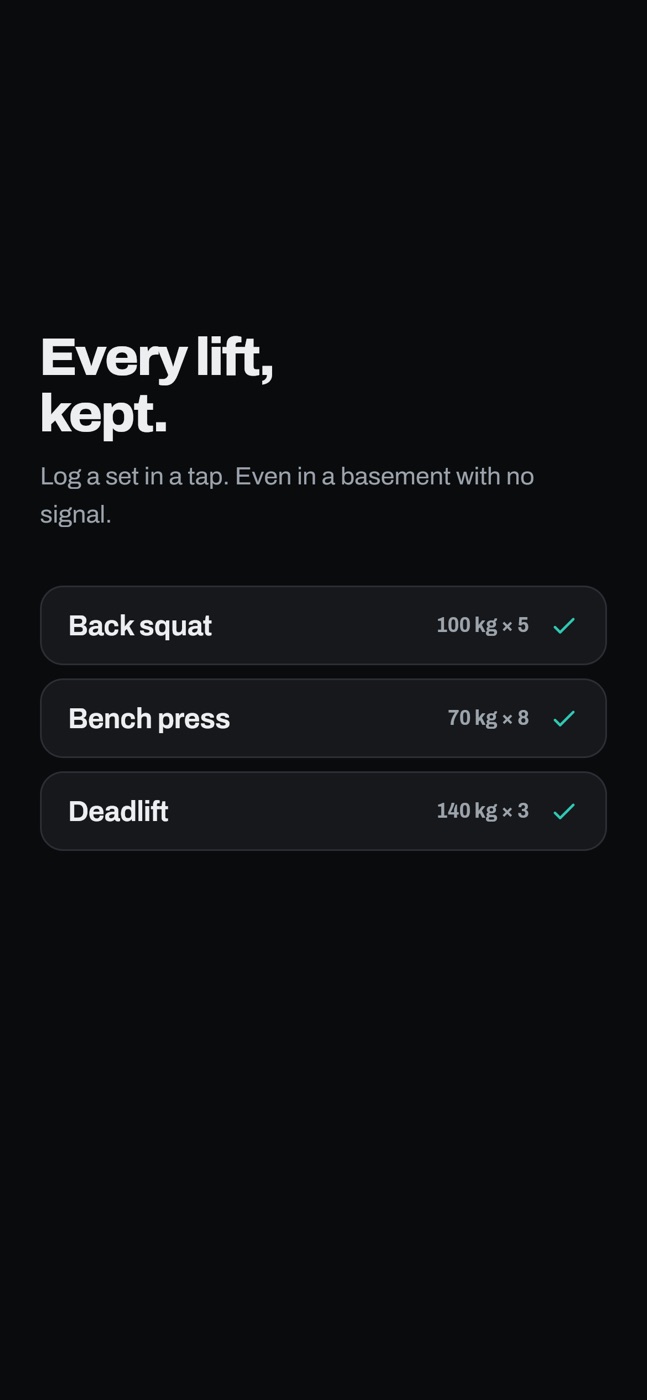 Himara showing three logged sets: back squat, bench press and deadlift.